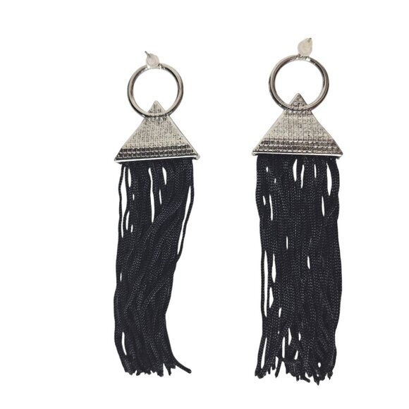 Silver Triangle Black Tassel Drop Earrings Boho Festival - Picture 2 of 2